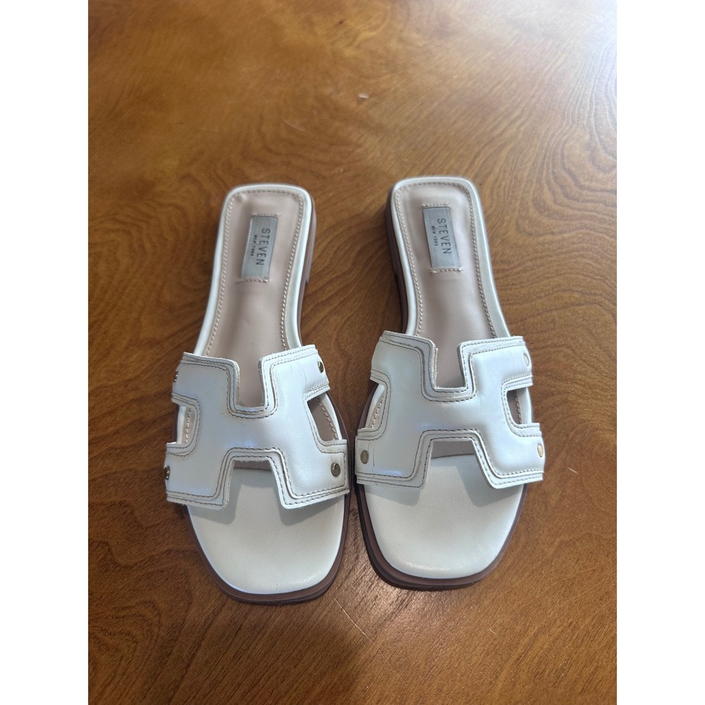 Steven New York Hadyn White H-Band Slide Sandals Women 7.5 Flat Square Toe